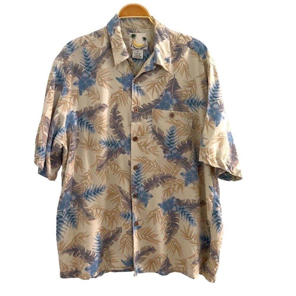 Banana Cabana Men’s Sz XL 100% Silk Tropical Hawaiian shirt Beige Blue Leaf